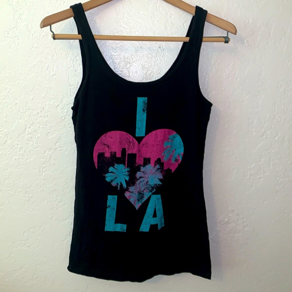 Vintage I Love LA Tank Top Heart Palm Tree Graphic Scoop Neck Fitted Black Small